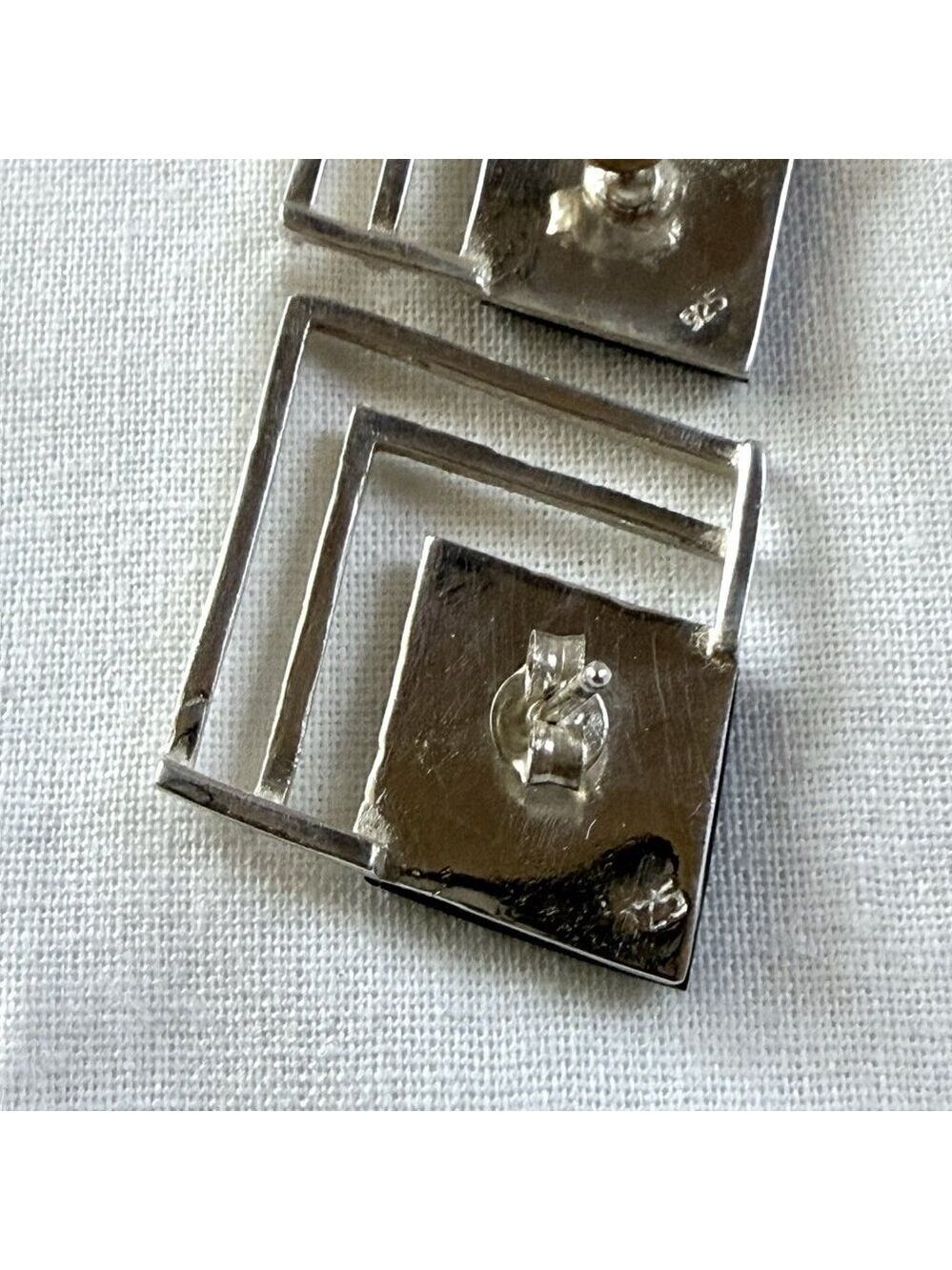 Vintage 925 Sterling Silver Black Agate Geometric 1” Post Earrings Modernist - Picture 5 of 7